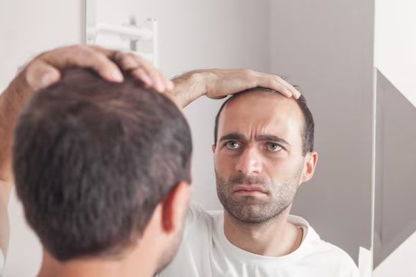 Un uomo si guarda allo specchio e si tocca la testa, scoprendo di essere calvo