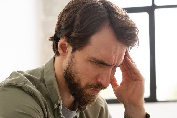 Uomo adulto con espressione pensierosa e preoccupata che si tocca le tempie - Calvicie influisce livello psicologico