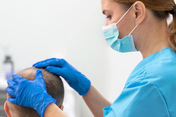 Uomo con alopecia esaminato da uno specialista.