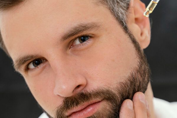 Donna bianca con capelli grigi che applica olio sulla barba - Consigli per prendersi cura della barba .