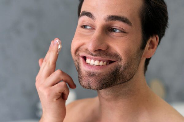 Uomo sorridente che si guarda allo specchio mentre applica il balsamo sulla barba.