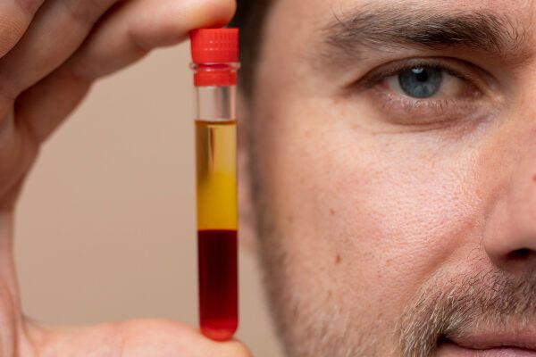 Uomo con una provetta contenente plasma ricco di piastrine - Risultati di un PRP per capelli.