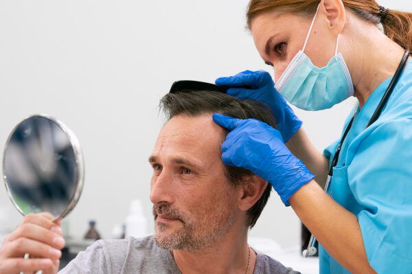 Uomo con alopecia in consultazione con il suo trilogo che controlla il suo cuoio capelluto.