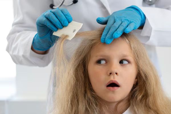 Vista frontale di una ragazza che si fa acconciare i capelli da un medico