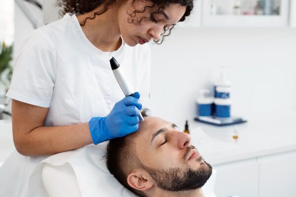 Giovane donna in un salone di bellezza che riceve il trattamento dei capelli con microaghi.