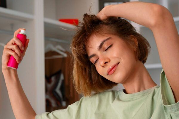 Giovane bionda con i capelli corti con un'espressione sorridente mentre applica uno spray sui capelli - Prodotti per fissare i capelli.
