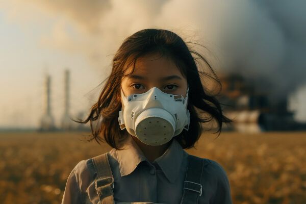 Ragazza con una maschera che si protegge dall'inquinamento ambientale in un'industria.