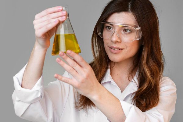 Scienziato con provetta e sostanza chimica in studio.