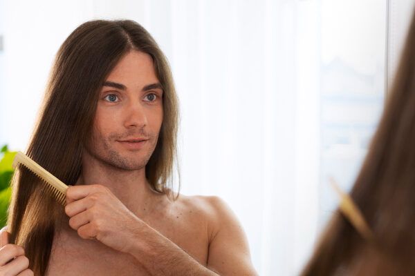 Un uomo dalla corporatura snella e dai capelli lunghi che fissa intensamente allo specchio mentre li pettina delicatamente.