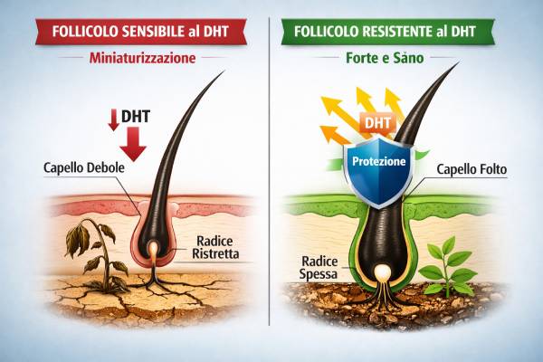 Schema medico che mostra la differenza tra un follicolo miniaturizzato dal DHT e uno resistente.