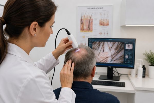 Chirurgo che esamina le unità follicolari al microscopio durante un intervento di trapianto di capelli.