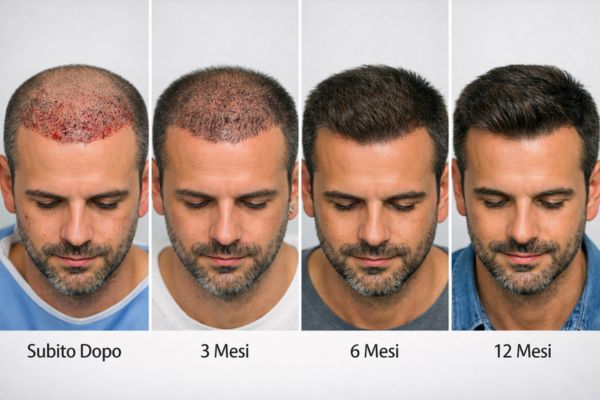 Grafico illustrativo delle fasi di ricrescita e aumento di densità dei capelli nei dodici mesi successivi.
