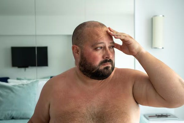 Un uomo calvo e obeso si tocca la testa