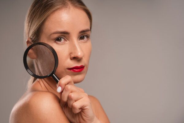 Donna bionda con una lente d'ingrandimento in mano che la usa per esaminarsi il viso.