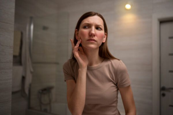 Donna con eruzione cutanea sul viso che si esamina allo specchio.