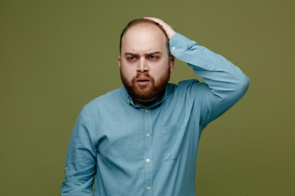 Uomo calvo con occhi chiari e barba che si tocca il cuoio capelluto con un'espressione di dubbio.