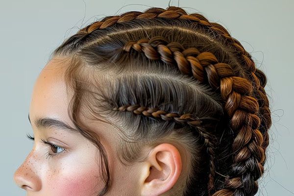Primo piano dell'acconciatura intrecciata di una giovane donna