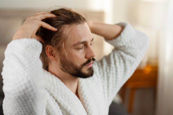 Ragazzo dai capelli lunghi e dalla pelle chiara, in accappatoio, che si massaggia il cuoio capelluto - Trattamento capillare.