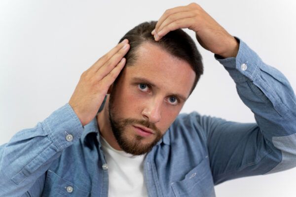 Uomo di mezza età con occhi chiari che si divide i capelli per esaminarsi il cuoio capelluto.