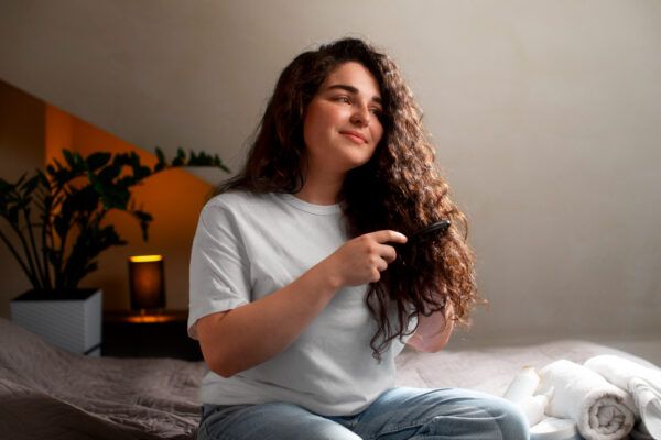 Una giovane donna è seduta nella sua stanza e si pettina i capelli ricci mentre guarda fuori dalla finestra.