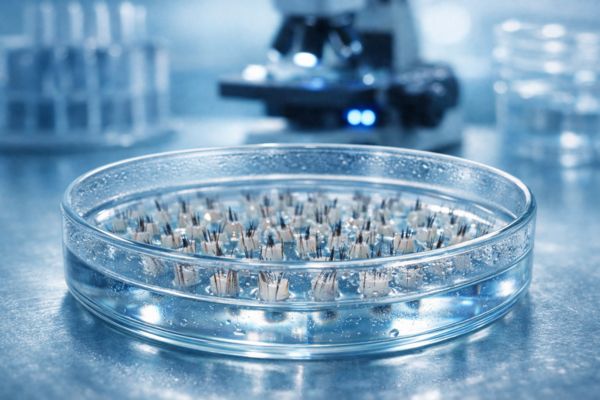 Unità follicolari estratte e conservate in una soluzione speciale idratante all'interno di una clinica capillare