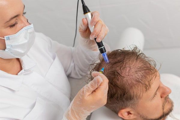 tricologo che esegue un trattamento maschile per migliorare la crescita