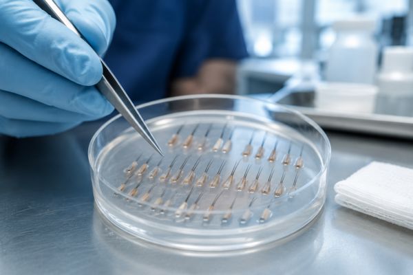 Unità follicolari estratte e conservate in una soluzione refrigerata per garantire la massima sopravvivenza