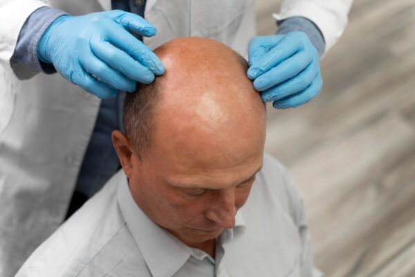 Uomo con alopecia esaminato da un medico specialista.
