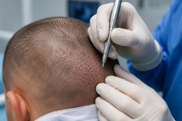 Primo piano chirurgico dell'estrazione di un'unità follicolare tramite lo strumento micro-punch con tecnica FUE