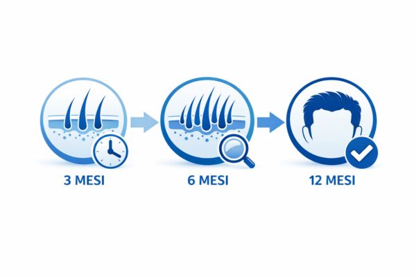 Grafico infografico che illustra l'evoluzione della crescita dei capelli a 3, 6 e 12 mesi dal trapianto