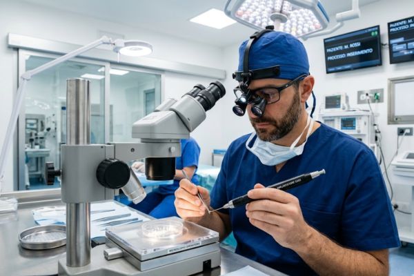 Chirurgo tricologo specializzato che inserisce un bulbo capillare all'interno del dispositivo Choi