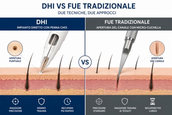 Schema grafico comparativo tra l'innesto diretto della penna Choi e l'apertura dei canali classica