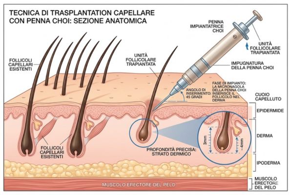 Illustrazione medica che mostra l'ago della penna Choi che inserisce un follicolo pilifero nella pelle