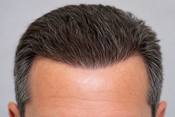Uomo fiero che mostra il risultato finale di un trapianto di capelli di successo con attaccatura naturale e densità ottimale.