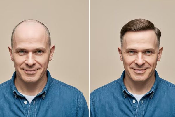Due fotografie dello stesso uomo una accanto all'altra, una con i capelli e l'altra calva