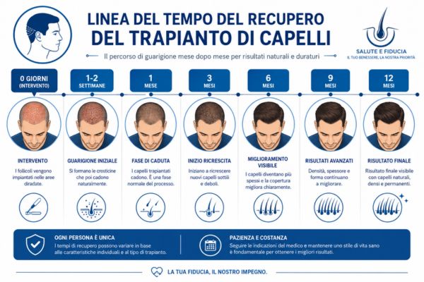 Infografica medica che mostra le fasi di ricrescita dall'innesto fino al risultato finale a 12 mesi