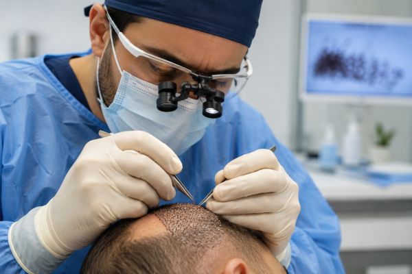 Medico specialista che esegue con microscopio il posizionamento di unità follicolari con tecnica FUE avanzata