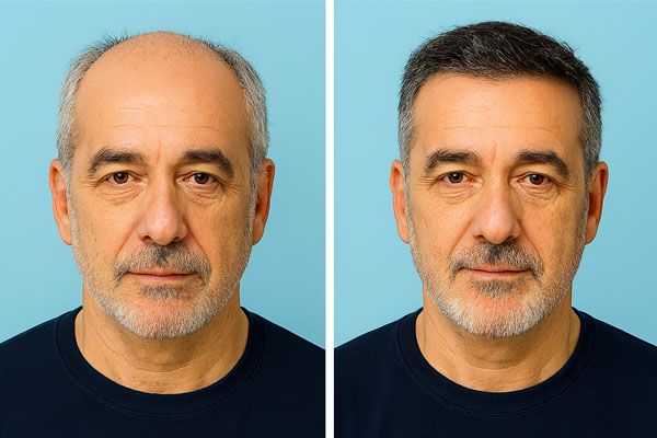 Prima e dopo il trapianto di capelli in un italiano di 55 anni