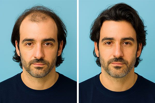Prima e dopo il trapianto di capelli in un uomo italiano di 28 anni