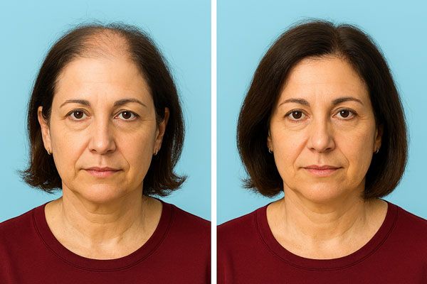 Prima e dopo il trapianto di capelli in una donna italiana di 45 anni