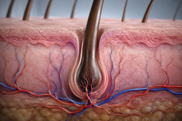 Rappresentazione scientifica in 3D di un follicolo pilifero sano inserito correttamente nel tessuto cutaneo vascolarizzato