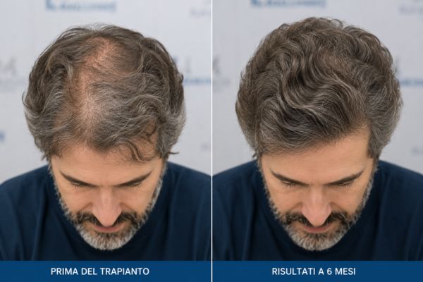 Foto clinica di confronto dello scalpo di un uomo prima del trapianto e i primi risultati visibili di densità a 6 mesi.