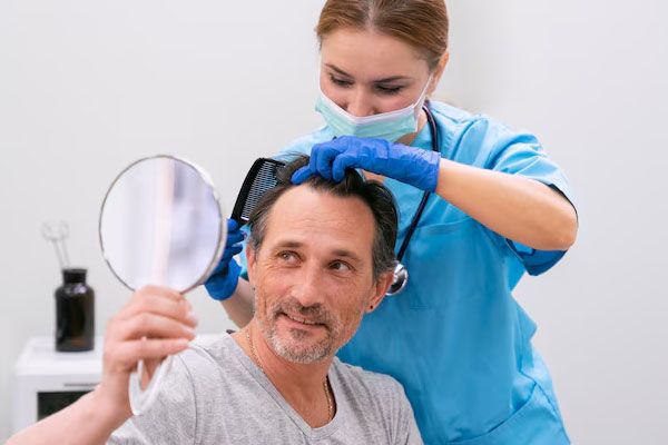 Uomo adulto sottoposto a trattamento per la caduta dei capelli guardarsi allo specchio e sorridere