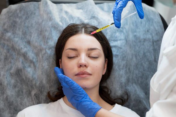 giovane donna sdraiata e mani con guanti blu con una siringa che applica il trattamento ai capelli
