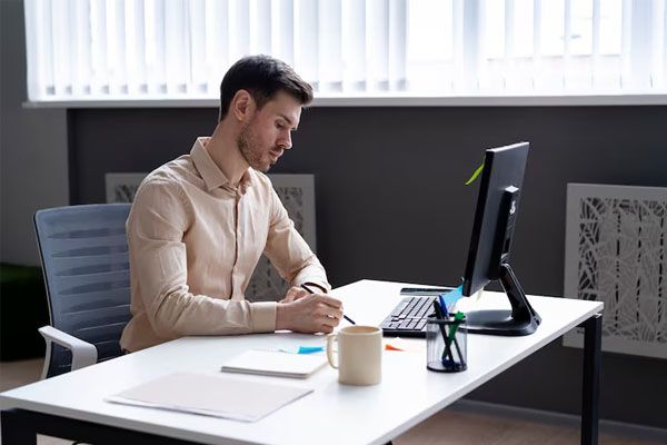 uomo adulto in un ufficio che lavora con un PC