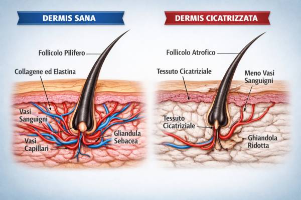 Rappresentazione grafica comparativa tra la struttura biologica della cute sana e quella di un tessuto cicatriziale