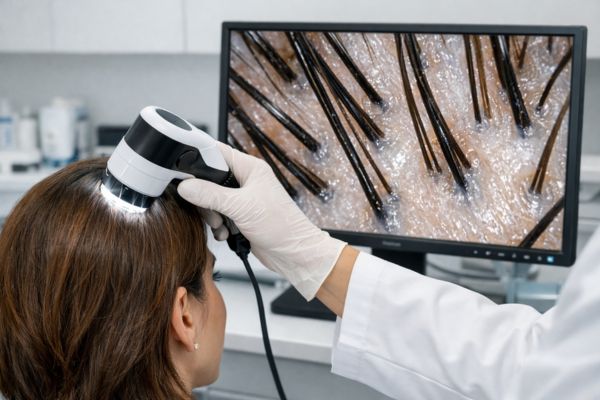 Chirurgo tricologo analizza con dermatoscopio digitale il cuoio capelluto di un paziente per valutare un trapianto su cicatrice