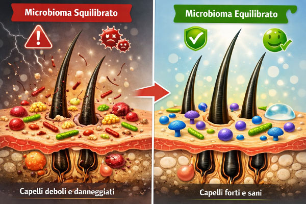 Illustrazione del prima e dopo un trattamento del microbioma capillare