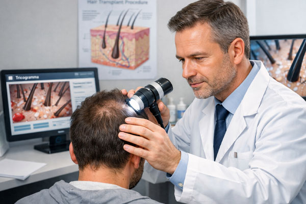 Professionista che esamina il cuoio capelluto di un paziente