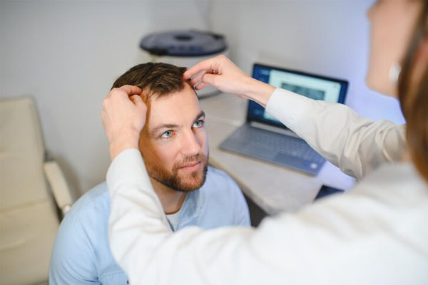 Ticologo esamina i capelli che inizia ad avere alopecia